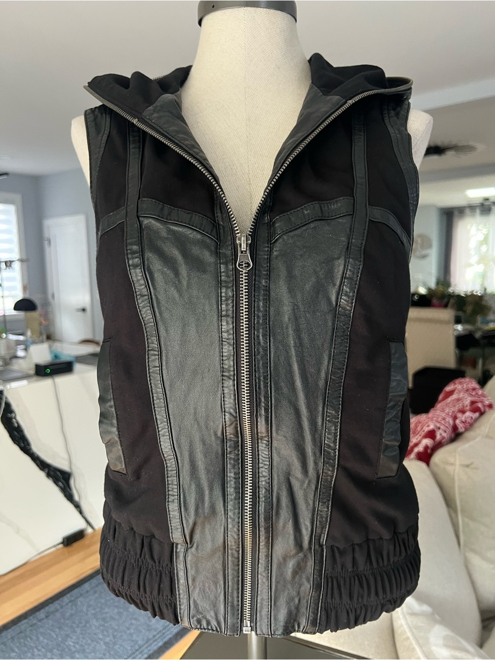 Bebe-Kardashian Black Hooded Leather-Trim Vest Jacket - Women